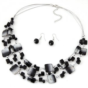 Bohemian Seashell and Crystal Mixed Fashion Multiple Layers Necklace and Earrings Set - Black