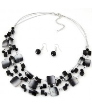 Bohemian Seashell and Crystal Mixed Fashion Multiple Layers Necklace and Earrings Set - Black