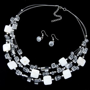 Bohemian Seashell and Crystal Mixed Fashion Multiple Layers Necklace and Earrings Set - White