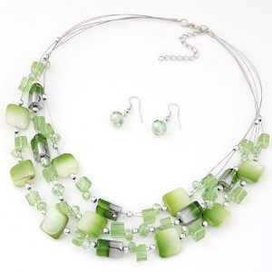 Bohemian Seashell and Crystal Mixed Fashion Multiple Layers Necklace and Earrings Set - Green