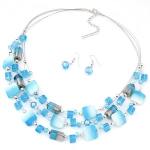 Bohemian Seashell and Crystal Mixed Fashion Multiple Layers Necklace and Earrings Set - Blue