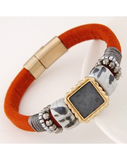 Square Gem Inlaid Studs Fashion Magnetic Lock Leather Bracelet - Orange