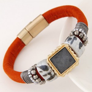 Square Gem Inlaid Studs Fashion Magnetic Lock Leather Bracelet - Orange