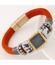 Square Gem Inlaid Studs Fashion Magnetic Lock Leather Bracelet - Orange