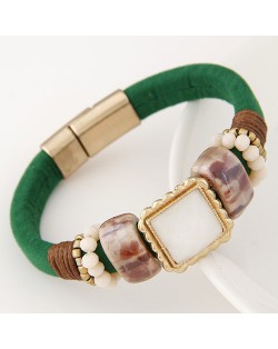 Square Gem Inlaid Studs Fashion Magnetic Lock Leather Bracelet - Green