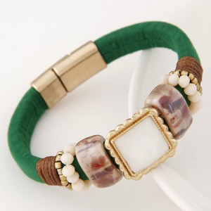 Square Gem Inlaid Studs Fashion Magnetic Lock Leather Bracelet - Green