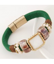 Square Gem Inlaid Studs Fashion Magnetic Lock Leather Bracelet - Green