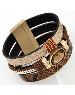 Oval Gem Inlaid Triple Layers Magnetic Lock Leather Fashion Bangle - Brown