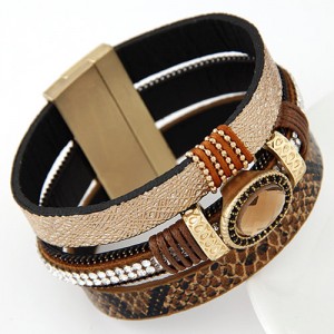 Oval Gem Inlaid Triple Layers Magnetic Lock Leather Fashion Bangle - Brown