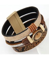 Oval Gem Inlaid Triple Layers Magnetic Lock Leather Fashion Bangle - Brown