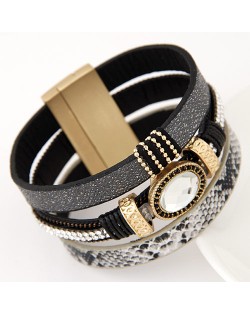 Oval Gem Inlaid Triple Layers Magnetic Lock Leather Fashion Bangle - Gray