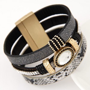 Oval Gem Inlaid Triple Layers Magnetic Lock Leather Fashion Bangle - Gray