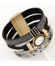 Oval Gem Inlaid Triple Layers Magnetic Lock Leather Fashion Bangle - Gray