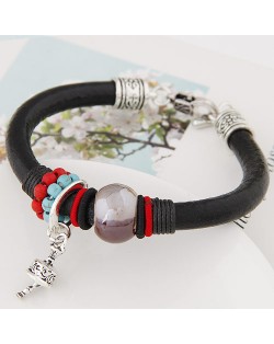 Gem Bead with Pendent Bell Design Leather Bracelet - Black