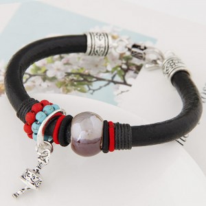 Gem Bead with Pendent Bell Design Leather Bracelet - Black