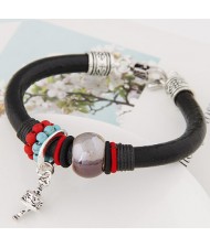 Gem Bead with Pendent Bell Design Leather Bracelet - Black