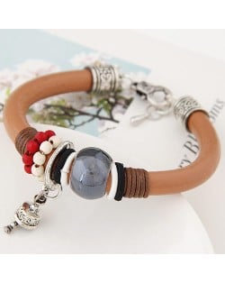 Gem Bead with Pendent Bell Design Leather Bracelet - Brown