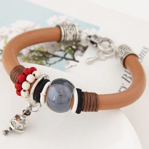 Gem Bead with Pendent Bell Design Leather Bracelet - Brown