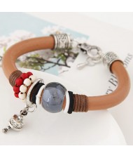 Gem Bead with Pendent Bell Design Leather Bracelet - Brown