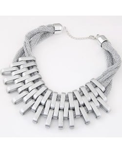 Geometric Bars Combination Three Layers Metallic Short Costume Necklace - Silver