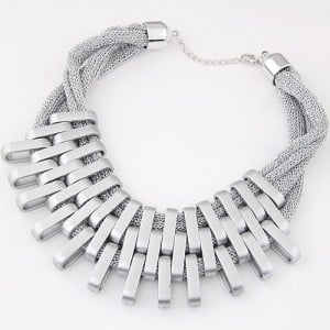 Geometric Bars Combination Three Layers Metallic Short Costume Necklace - Silver