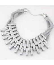Geometric Bars Combination Three Layers Metallic Short Costume Necklace - Silver