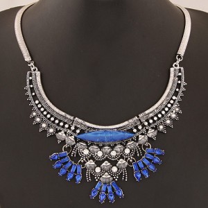 Charming Gem Decorated Vintage Ethnic Floral Design Snake Chain Fashion Necklace - Silver and Blue