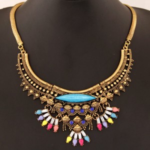 Charming Gem Decorated Vintage Ethnic Floral Design Snake Chain Fashion Necklace - Copper