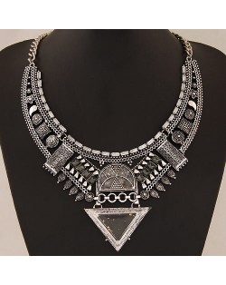 Multiple Elements Arch with Resin Gem Triangle Design Bold Fashion Necklace - Vintage Silver