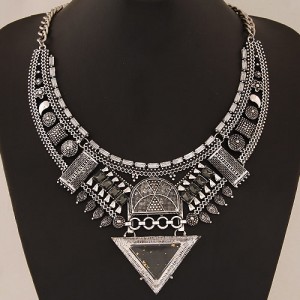 Multiple Elements Arch with Resin Gem Triangle Design Bold Fashion Necklace - Vintage Silver