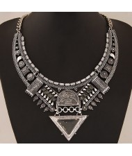 Multiple Elements Arch with Resin Gem Triangle Design Bold Fashion Necklace - Vintage Silver