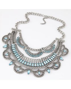Resin Gems Embellished Splendid Fake Collar Short Fashion Necklace - Silver and Blue