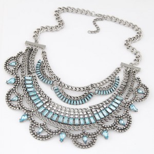 Resin Gems Embellished Splendid Fake Collar Short Fashion Necklace - Silver and Blue