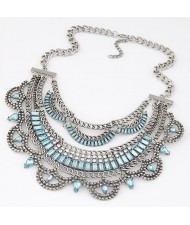 Resin Gems Embellished Splendid Fake Collar Short Fashion Necklace - Silver and Blue