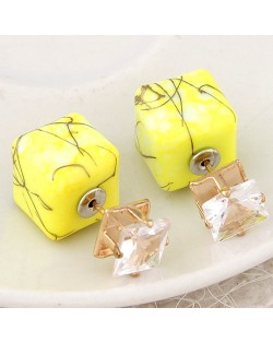 Rhinestone Decorated Turquoise Texture Cube Fashion Earrings - Yellow