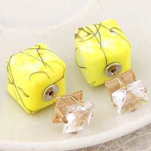 Rhinestone Decorated Turquoise Texture Cube Fashion Earrings - Yellow