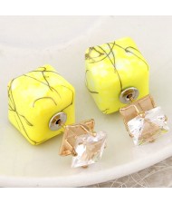 Rhinestone Decorated Turquoise Texture Cube Fashion Earrings - Yellow