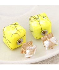 Rhinestone Decorated Turquoise Texture Cube Fashion Earrings - Yellow