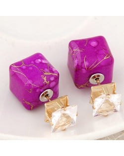 Rhinestone Decorated Turquoise Texture Cube Fashion Earrings - Purple