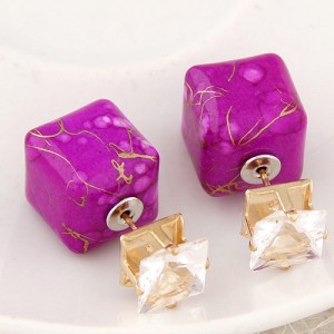 Rhinestone Decorated Turquoise Texture Cube Fashion Earrings - Purple