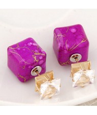 Rhinestone Decorated Turquoise Texture Cube Fashion Earrings - Purple