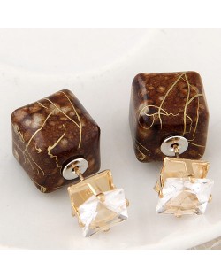 Rhinestone Decorated Turquoise Texture Cube Fashion Earrings - Coffee