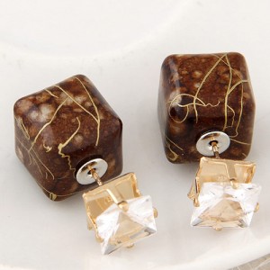Rhinestone Decorated Turquoise Texture Cube Fashion Earrings - Coffee