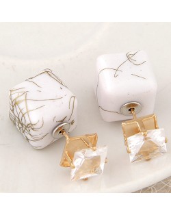Rhinestone Decorated Turquoise Texture Cube Fashion Earrings - White