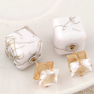 Rhinestone Decorated Turquoise Texture Cube Fashion Earrings - White