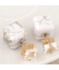 Rhinestone Decorated Turquoise Texture Cube Fashion Earrings - White