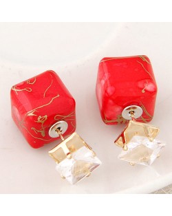 Rhinestone Decorated Turquoise Texture Cube Fashion Earrings - Red