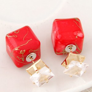 Rhinestone Decorated Turquoise Texture Cube Fashion Earrings - Red