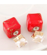 Rhinestone Decorated Turquoise Texture Cube Fashion Earrings - Red