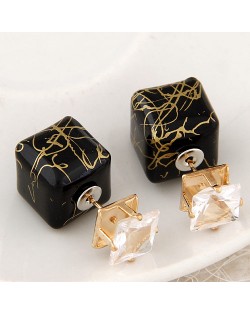 Rhinestone Decorated Turquoise Texture Cube Fashion Earrings - Black